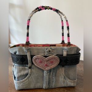 Beaded Handle Denim Heart Y2K Booty Bag